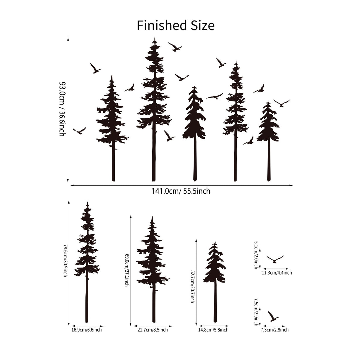 Large Pine Trees Wall Decals Black Forest Wall Stickers Christmas Decoration Wallpaper Woodland Animal Birds Mural Decals Peel and Stick Vinyl Wall Art Stickers for Bedroom