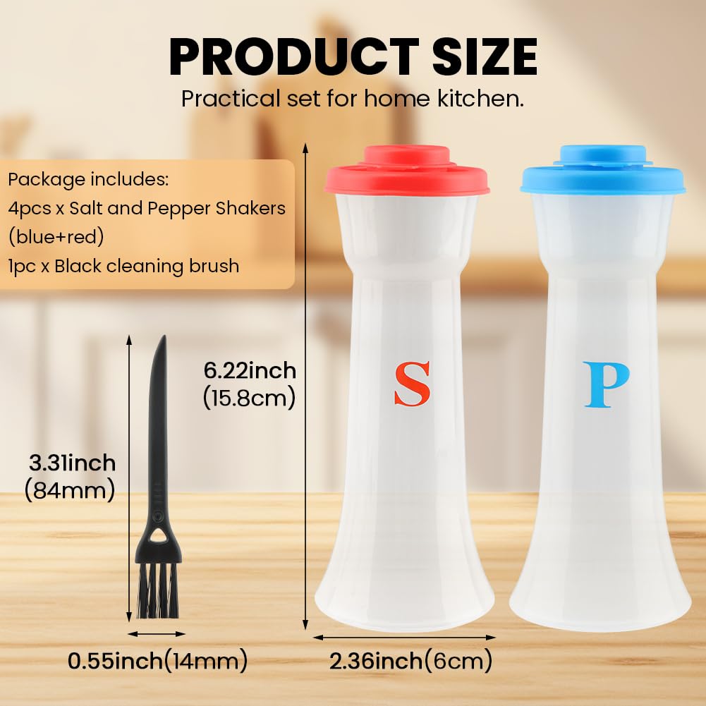 4 Pcs Plastic Salt and Pepper Shakers with Lids, Large Covered Proof Salt Shaker Pepper Container for Home Restaurant Kitchen Camping Outdoor Picnic(2 Blue+2 Red)