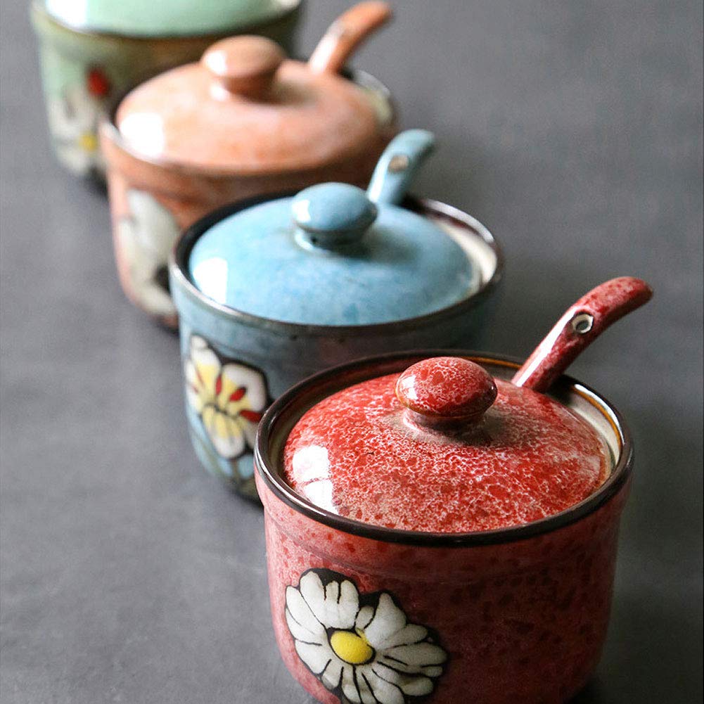 VanEnjoy Retro Hand Painted Flower Ceramic Round Sugar Spice Containers Porcelain Jar with Spoon Round Condiment (blue)