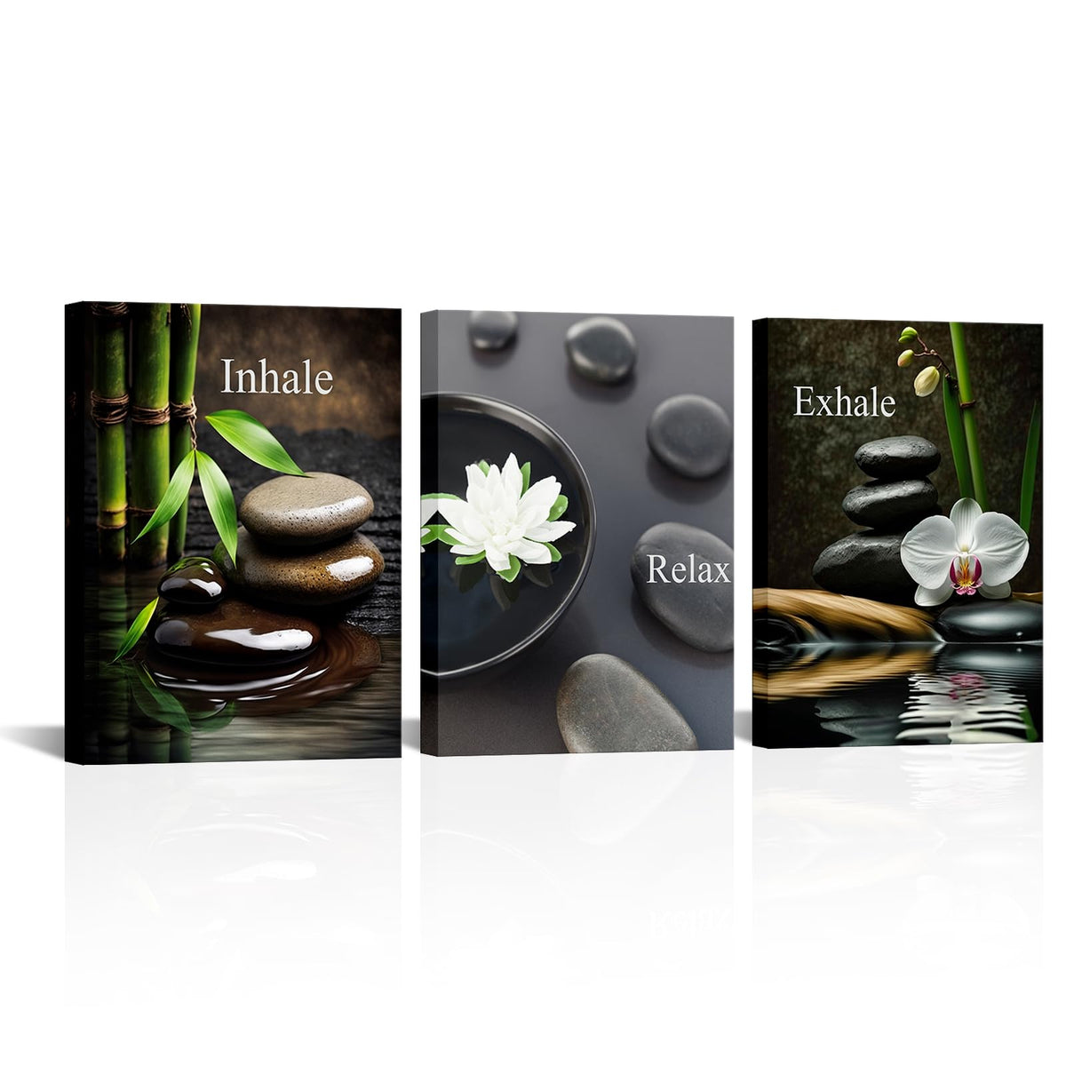 FuShvre Zen Wall Art for Bathroom Zen Stone Bamboo Lotus Orchid Flower Pictures Still Life Prints for Zen Meditation Room Wall Decor Framed 12x16 inch each piece (small)
