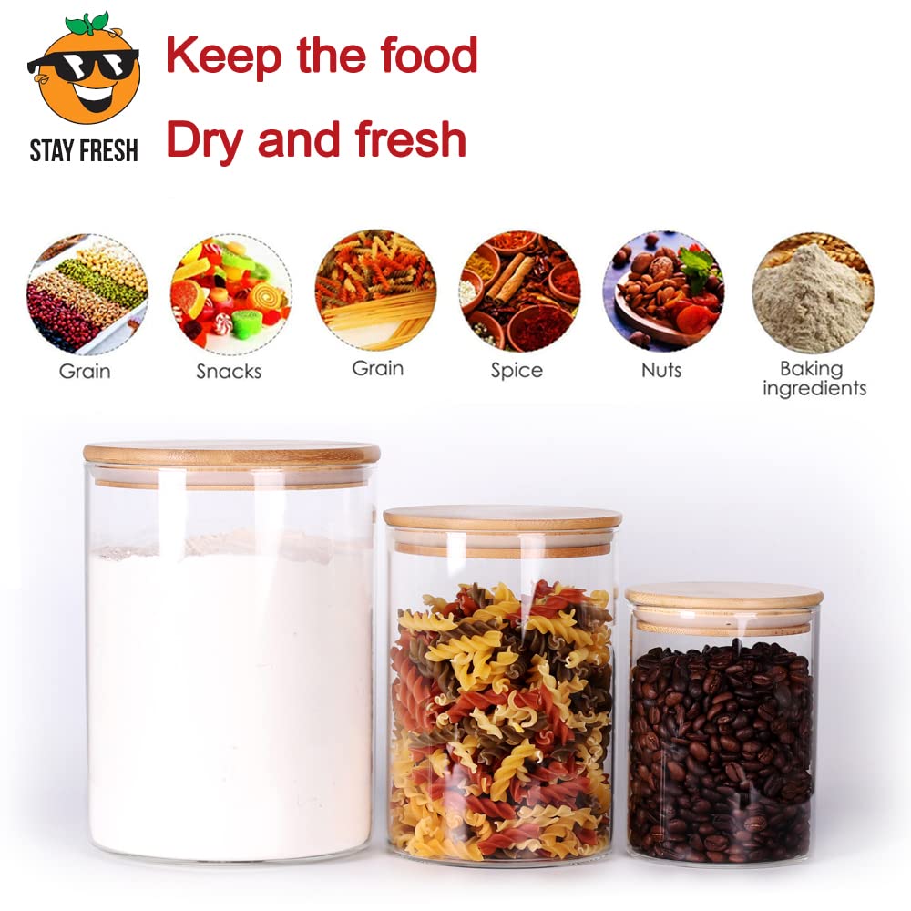 Tzerotone Glass flour Jars with Airtight Lids, 6 Pack Sugar and Flour Salt Containers Set, Extra Large Glass Rice Jar with Bamboo lid for Kitchen, Brown Suger, Beans, Groub Coffee (100OZ/54OZ/27OZ)