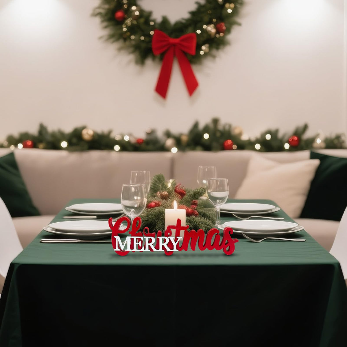 Christmas Centerpieces for Table - Wooden Merry Christmas Sign with Red & White Accents, Festive Tabletop and Mantel Decor for Dining Room, Shelf, Tray, Dinner Party Centerpiece