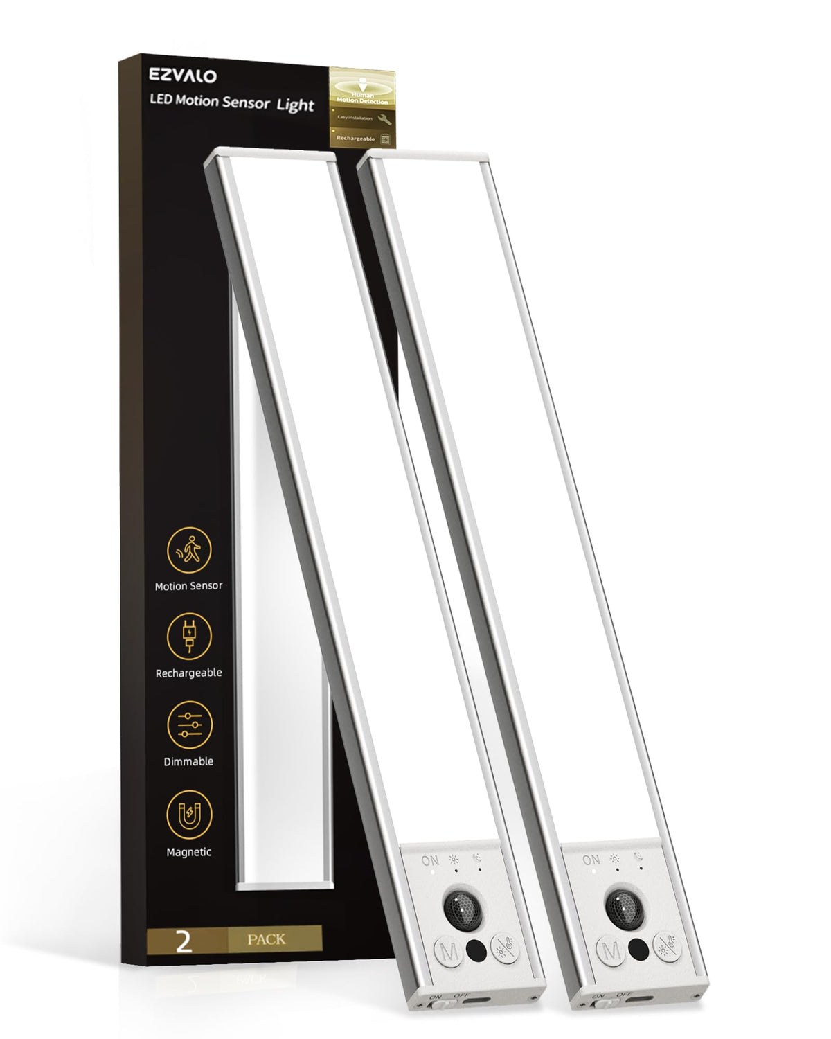 EZVALO 10inch Under Cabinet Lighting, LED Motion Sensor Light Indoor, 2400mAh USB Rechargeable Closet Lights, Dimmable & Magnetic Wireless Under Counter Lights for Kitchen, Pantry, Stairs (2 Pack)