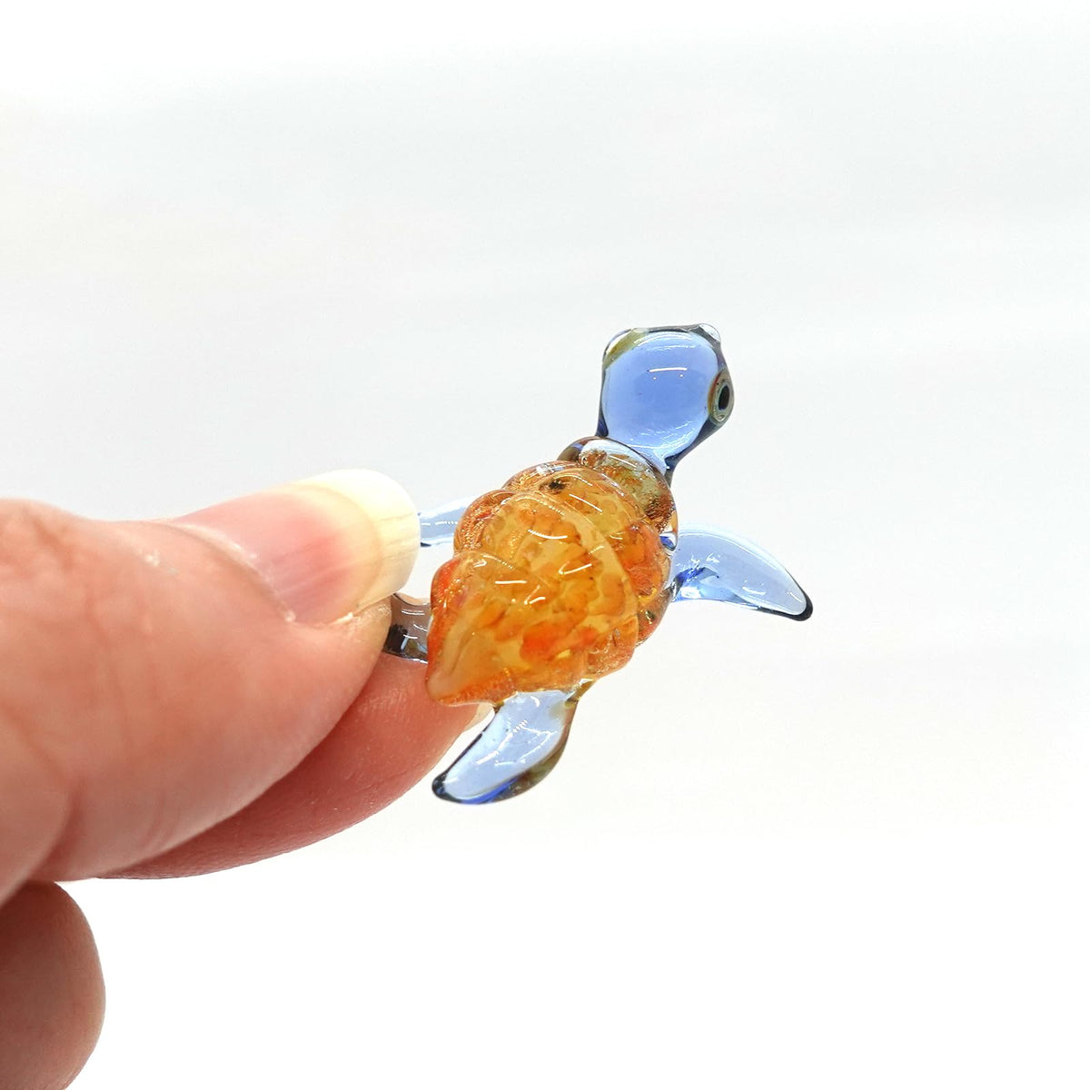 Sansukjai Turtle Sea Tiny Blown Glass Figurines Animals Art Collectible Handmade Gift Home Décor (Marble Orange Blue)