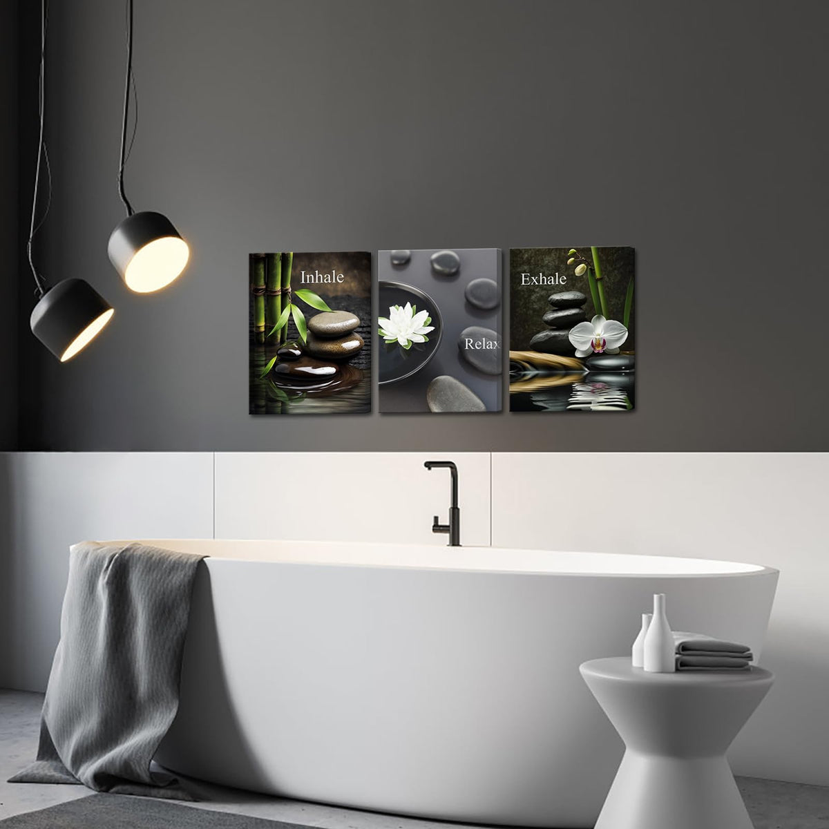FuShvre Zen Wall Art for Bathroom Zen Stone Bamboo Lotus Orchid Flower Pictures Still Life Prints for Zen Meditation Room Wall Decor Framed 12x16 inch each piece (small)