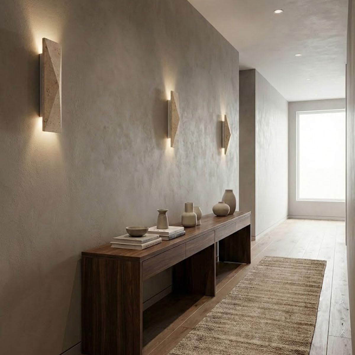 PLSDH Modern Travertine Wall Sconce, 15.7" Natural Yellow Stone Wall Lamp, Geometric Wall Light, 2-Light G9, Up Down Sconce for Living Room Bedroom Hallway Entryway