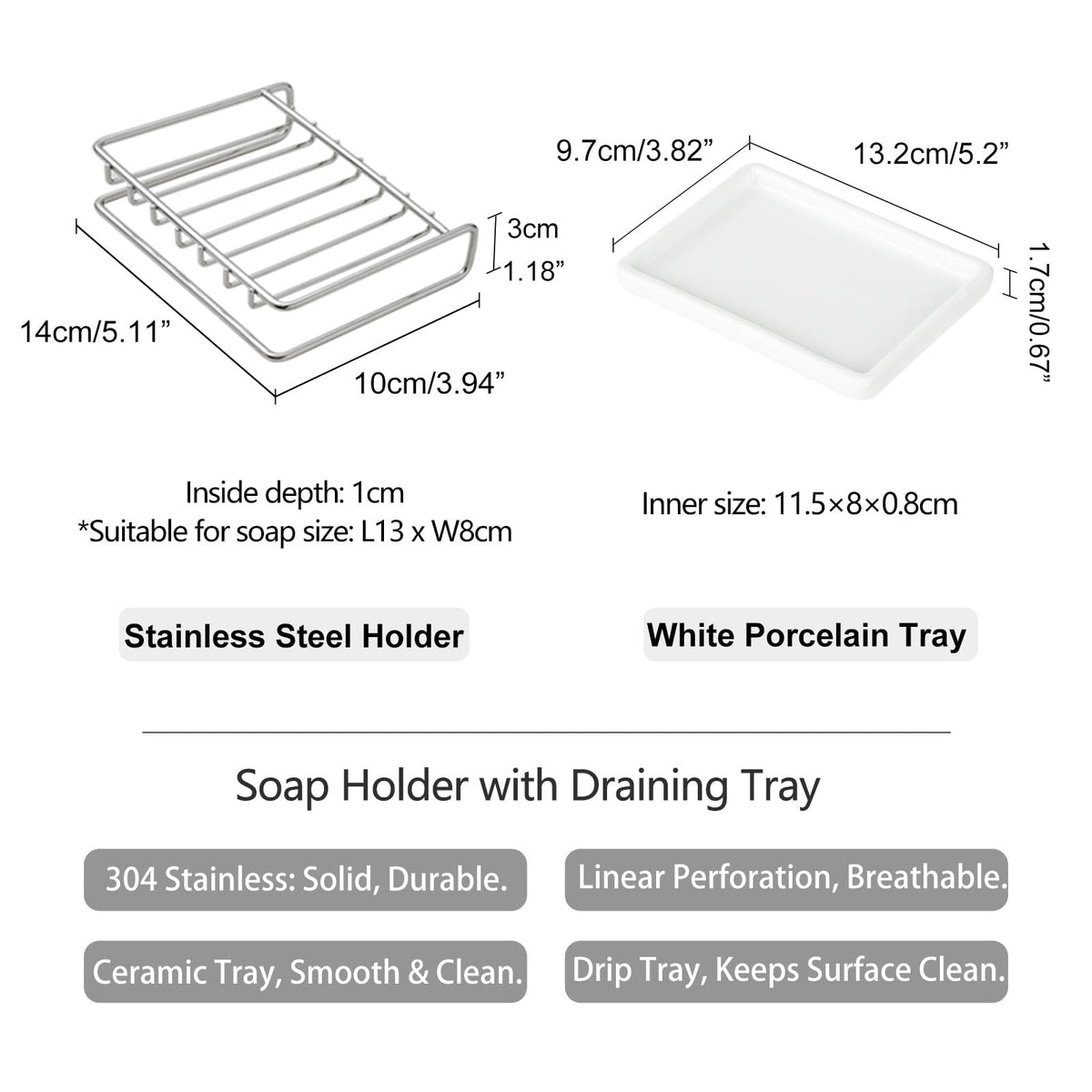 Shimoyama Stainless Steel Soap Dish with Drip Tray for Bathroom Sink, Kitchen and Shower - Quick Drying Soap Holder Keeps Counter Clean and Organized