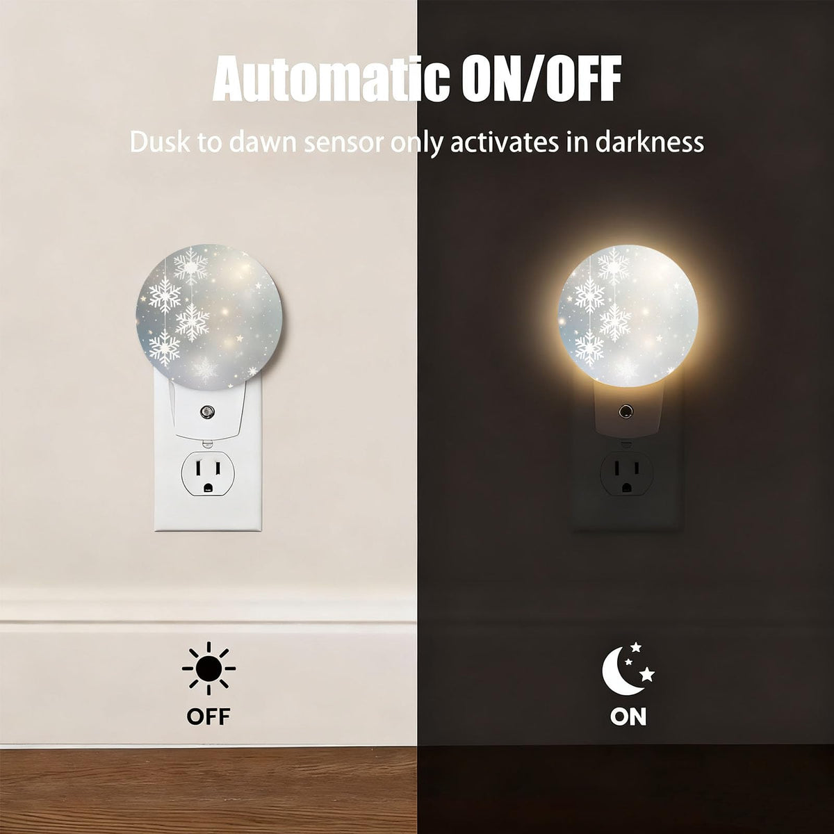 Mugod Winter Snowflake and Starry Scene Plug-in Nightlights Merry Christmas Night Light Plug into Wall with Dusk-to-Dawn Sensor LED Lighting 0.5W Sleep-Friendly