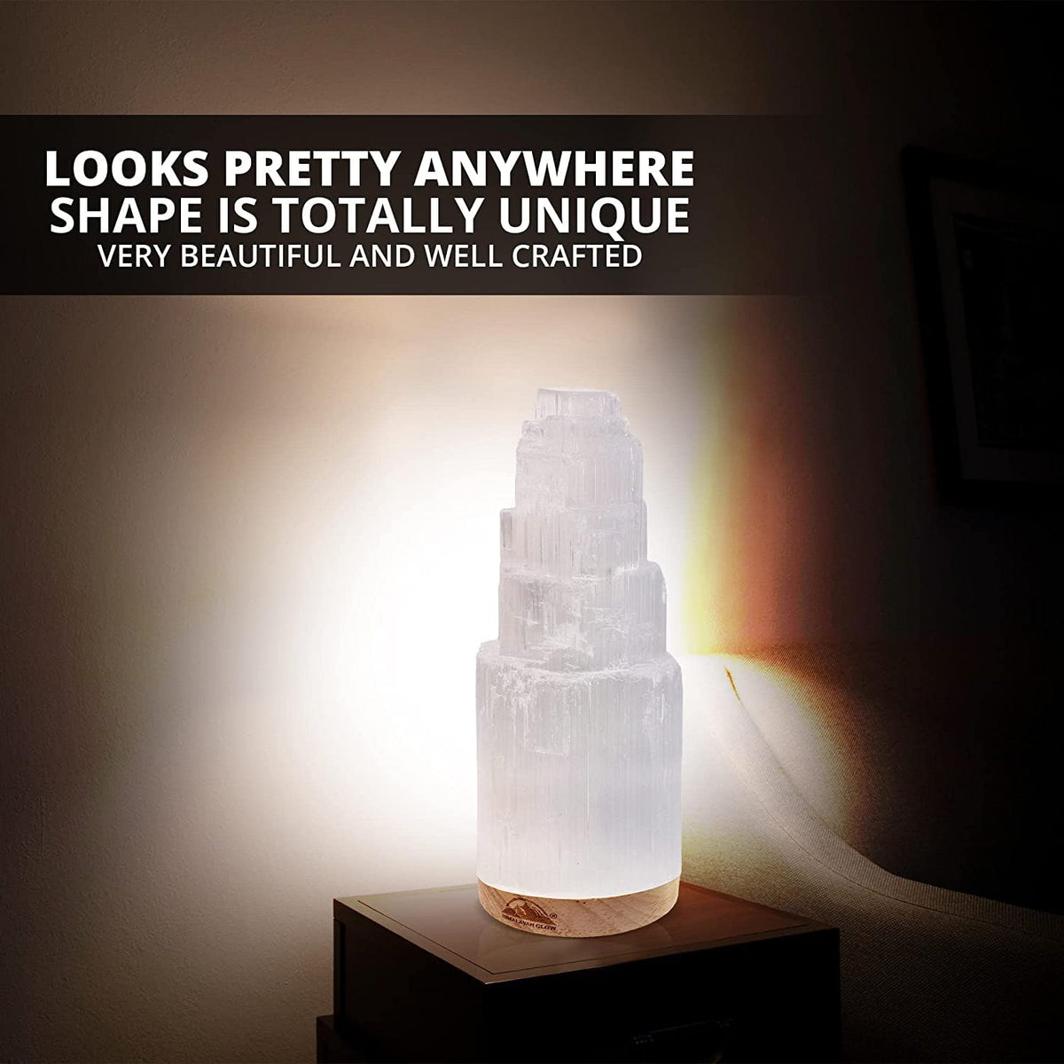Himalayan Glow Selenite Crystal Lamp 20cm, Moroccan (ETL Certified) Tower Lamp with Wooden Base & USB Charging Cable, Anxiety Relief Healing Crystals for Home Decor