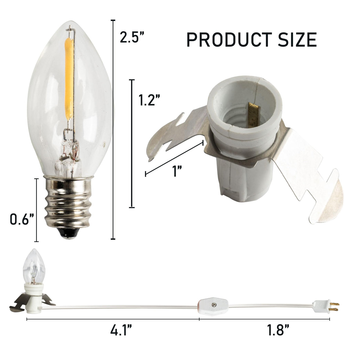 Dazzle Bright 4 Pack 6 FT Accessory Cord with LED Light Bulb E12 Socket White Cord with On/Off Switch Plug, C7 Candelabra Light Bulbs for Holiday Decorations, Christmas Village House, Pumpkin Lights