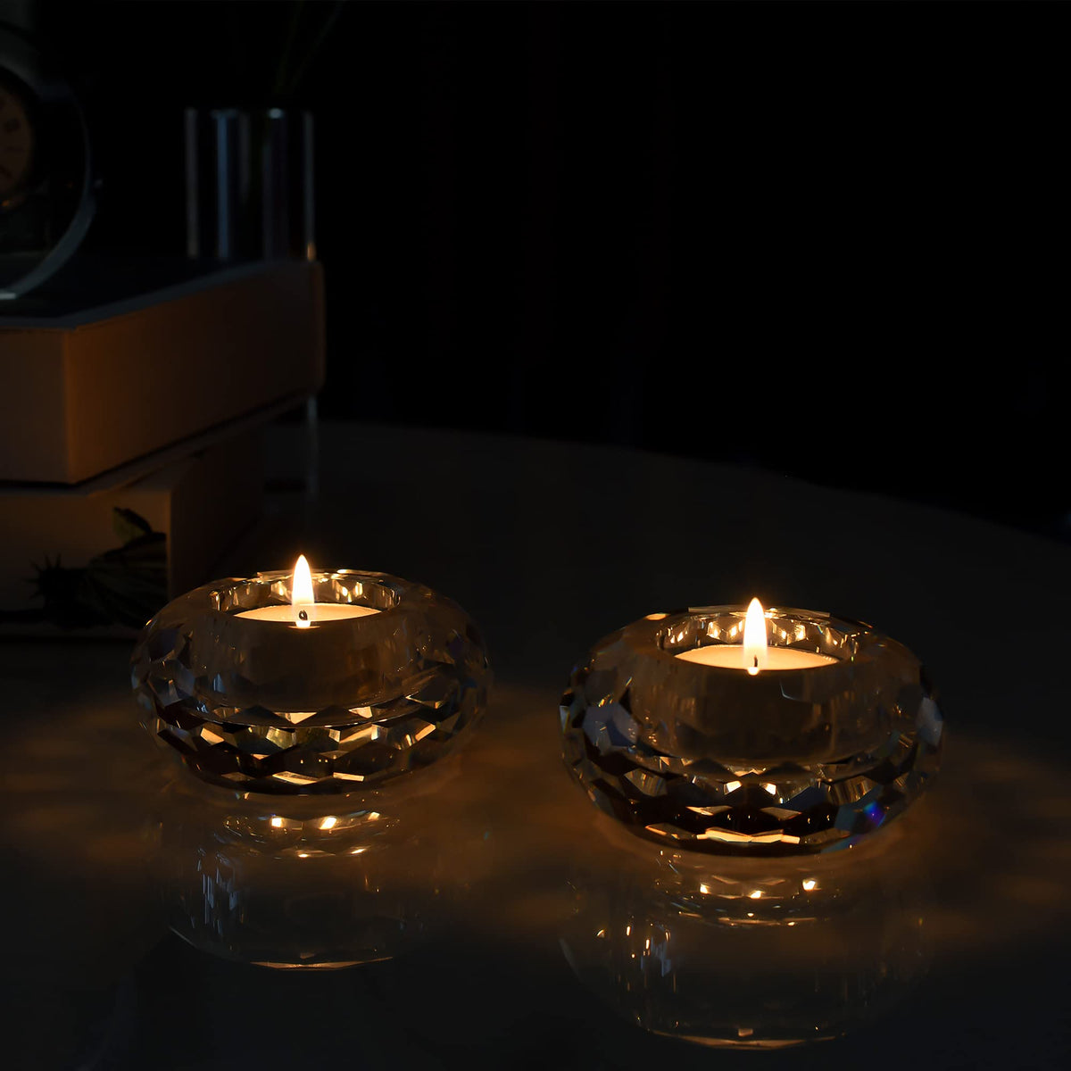 Kitcom Crystal Tealight Candle Holders Pack of 2, Hand-Cut Candle Holder Home Decor for Wedding Banquet Dinner 3.2" Diameter x 1.6" High, Clear