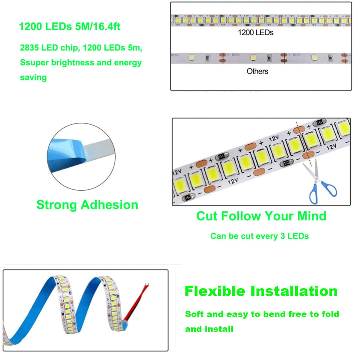 HAASHADA LED Strip Lights, DC12V 5m/16.4ft Dimmable 2835 LED Lights Strip, Super Bright 1200 LEDs 24000LM LED Ribbon Strip Lights Non-Waterproof, 2 Times Brightness Than SMD 5050 (Ice Blue)