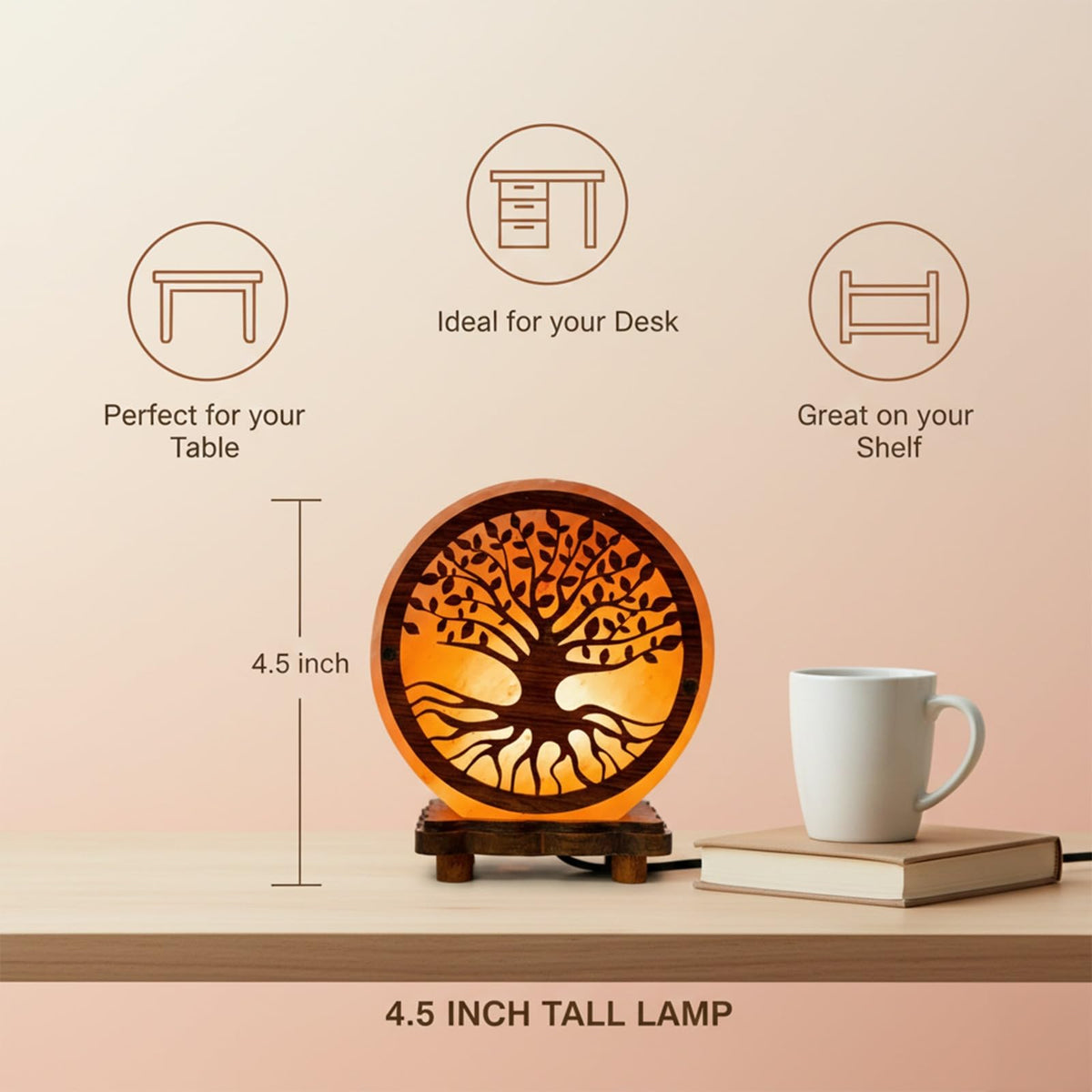 SAF Naturals Himalayan Pink Salt Lamp with Tree of Life Design 6 Inch Hand-Carved, Wooden Base, for Home Decor, Meditation & Gifts