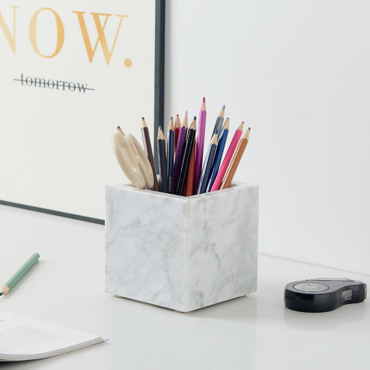 Real Luxurious Natural Marble Toothbrush Holder & Makeup Brush Organizer & Pen Holder for Desk,3.93inch Square Marble Utensil Holder Non-Ceramic/Non-Resin （White）