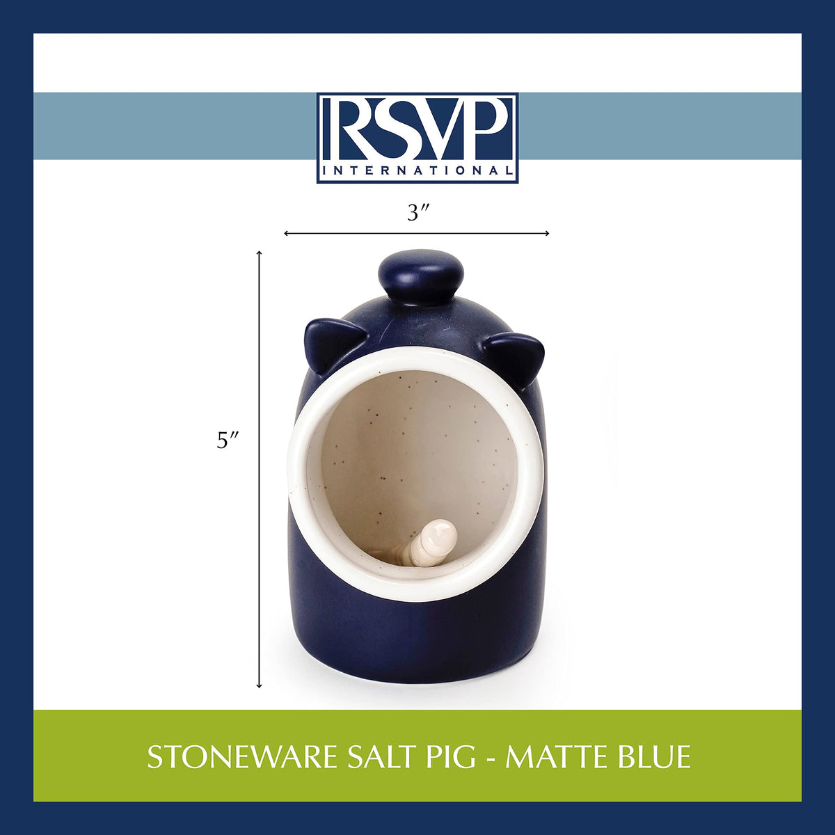 RSVP International Stoneware Salt Pig and Spoon Set, Wide Mouth, Dishwasher Safe, 3x3.25x5", Blue