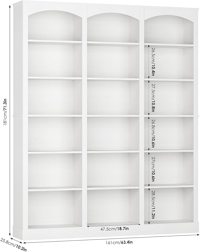 FACBOTALL 71" Triple Wide Bookshelf, 6 Tier Bookcase, Large White Bookshelf