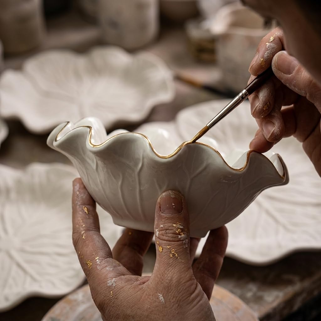 ALIWINER 8 Inch Small Lotus Ceramic Decorative Bowl, about15 oz Capacity, Modern Ruffle Lotus Leaf with Gold TrimDesign,Decorative Centerpiece for Entryway Tables, Coffee Tables,Kitchen Counters