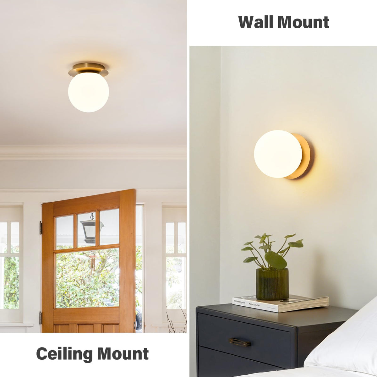 Modern Glass Globe Wall Sconce: Gold Spherical Sconces Light - Small Brass Vanity Single Ball Lights Fixture - Contemporary Milk Glass Wall Mounted Lamp for Bedroom Bathroom Hallway Bulb Not Included