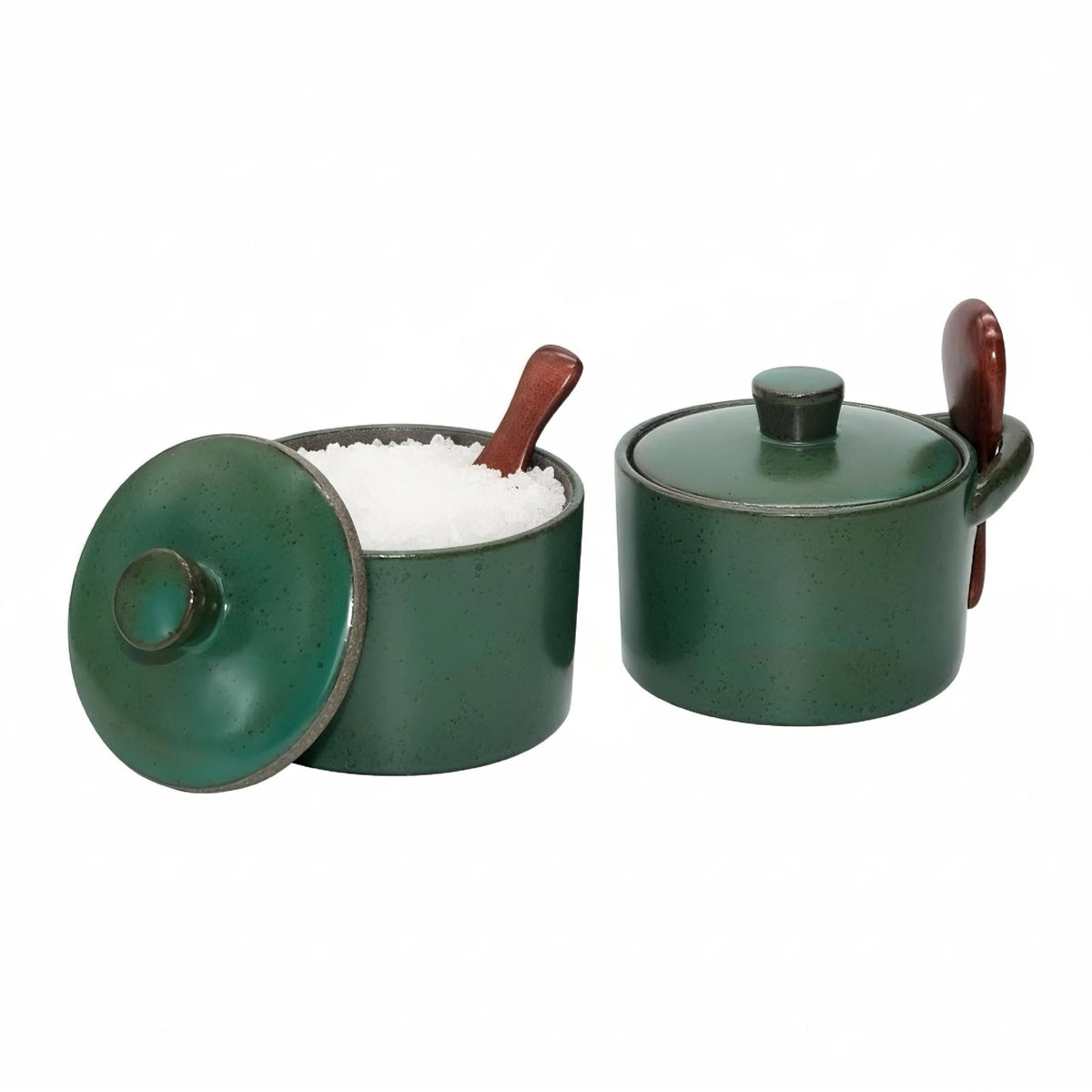 seicasaya Handcrafted Speckled Ceramic Salt Cellar with Wooden Spoon, Rustic Vintage Spice Jar, Dishwasher Safe, 8.45 fl oz (Vintage Green set of 2)