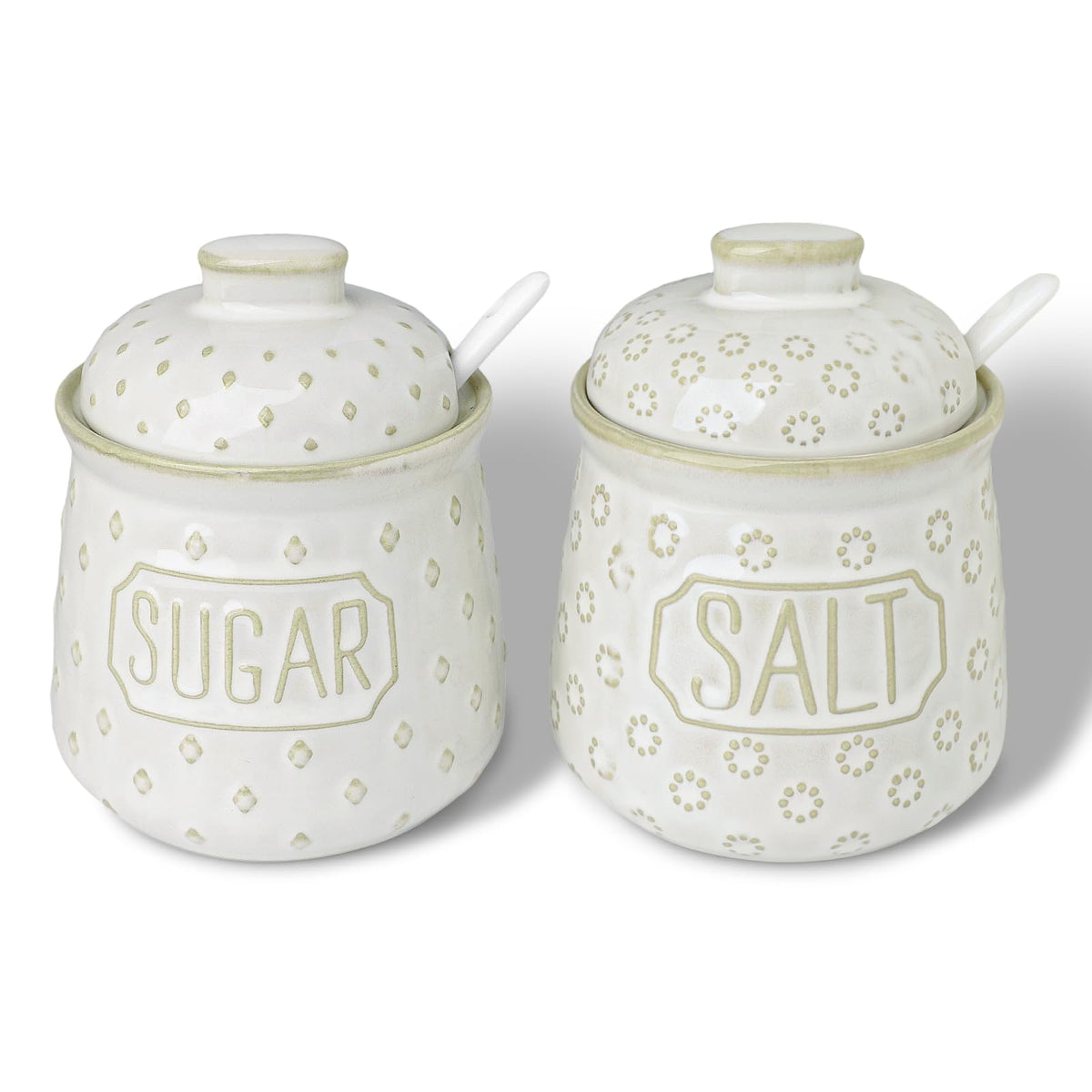 GDCZ 10 Oz Ceramic Salt and Sugar Bowls Set with Lid and Spoons, Seasoning Container, Dishwasher Safe, Set of 2 (White)