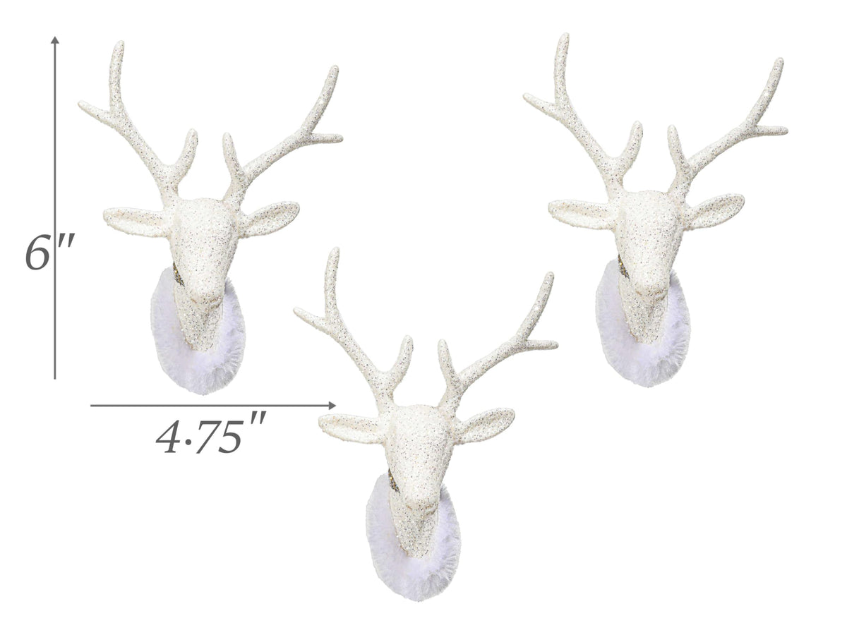 Christmas Traditions 6 inch Glittered Iridescent White Reindeer Head (Set of 5) Ornaments Hanging Tree Decorations (Platinum White) (Large)