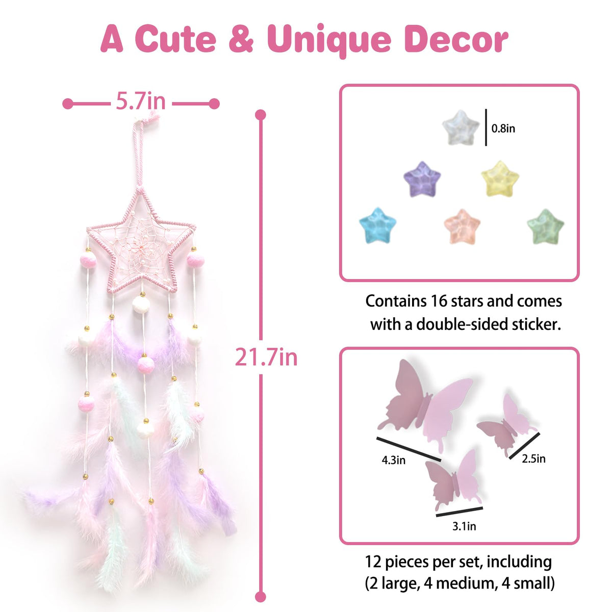 Fun-Plus Pink Dream Catcher Wall Hanging Set - 10 Butterflies & 16 Stars, Boho Room Decor for Girls, Easy Peel & Stick Wall Art