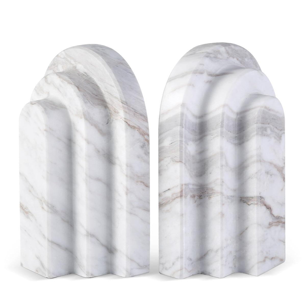 Natural Marble Book Ends - Heavy Duty Bookends for Shelves - Aesthetic Layered Arch Design Stone Book Holders, Modern Office Bookshelf Stopper Decor for Books/CDs (Volakas)