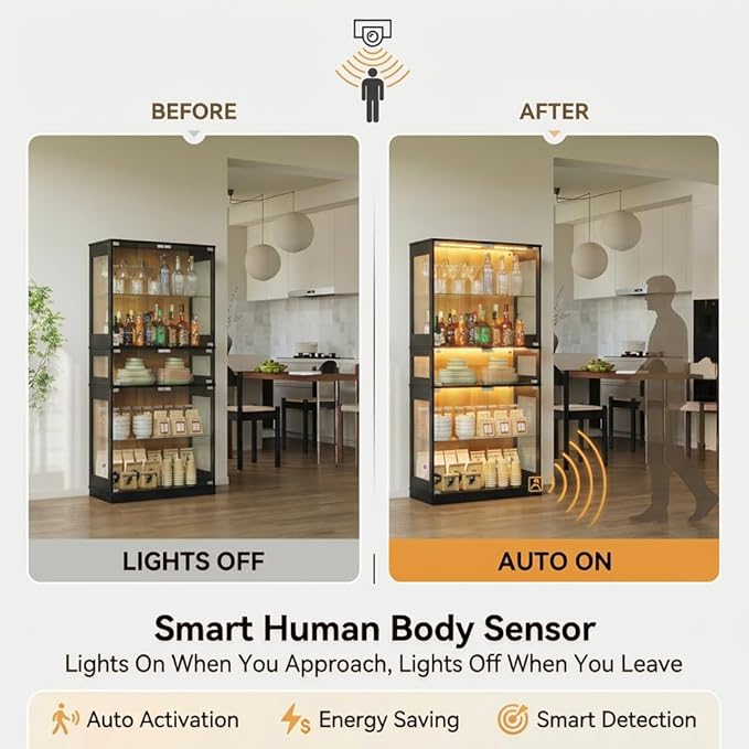 Display Cabinet with Glass Doors & LED Lights, 5 Tier Lighted Display Case