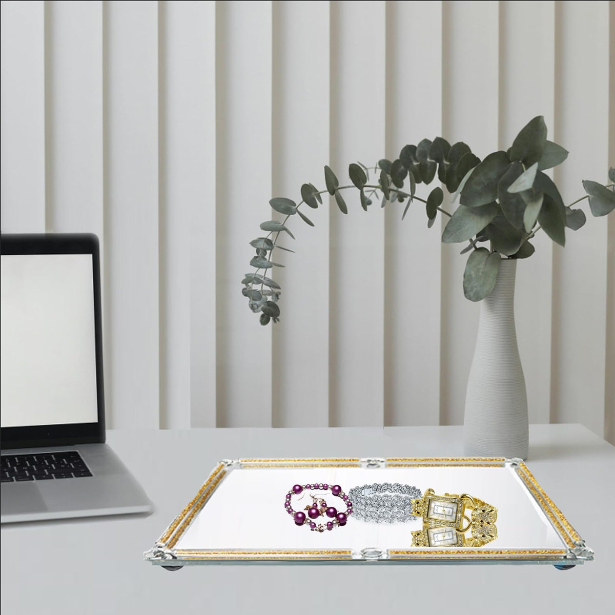 Large Gold and Glass Tray, 15.7" x 11.8" Crushed Diamond Mirror Perfume Makeup Display Tray, Noble Jewelry Trinket Cosmetics Crystal Makeup Organizer for Home Decor,Banquet Party (Golden)