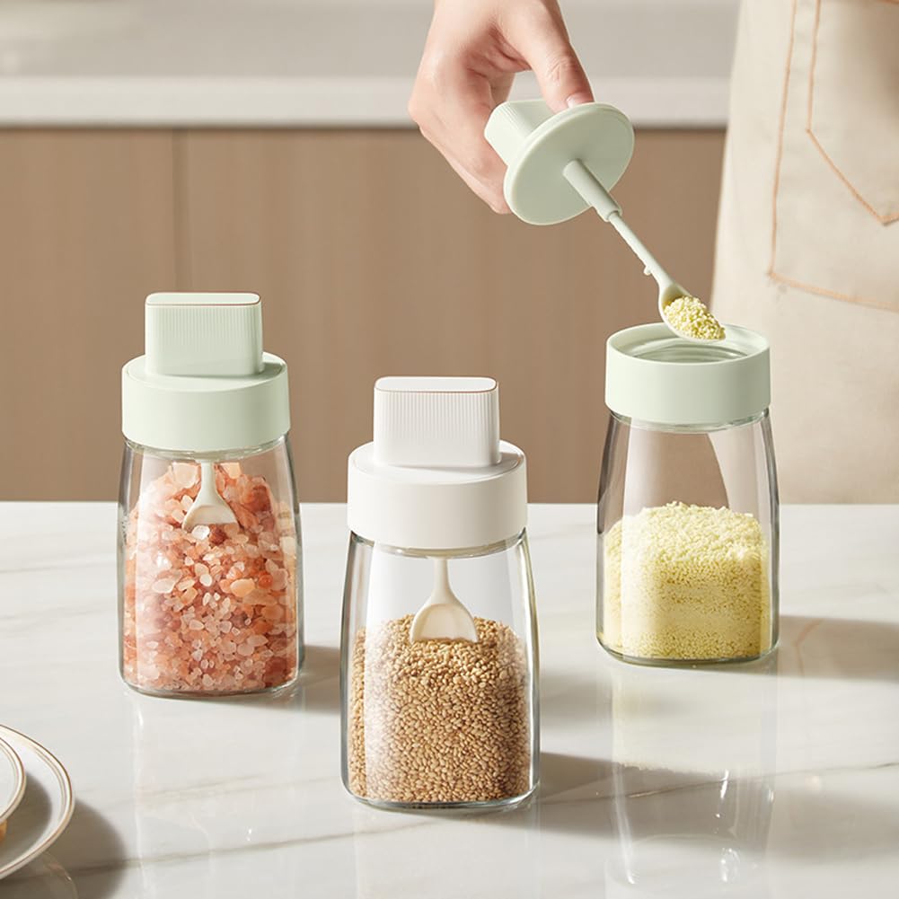 LOYUYU Kitchen Sodium Calcium Glass Spice Jars Seasonning Box Set of 3, Condiment Pots Spice Jars, Retractable Spoon and Lid Combination Design, Airtight Cap 9.7oz White