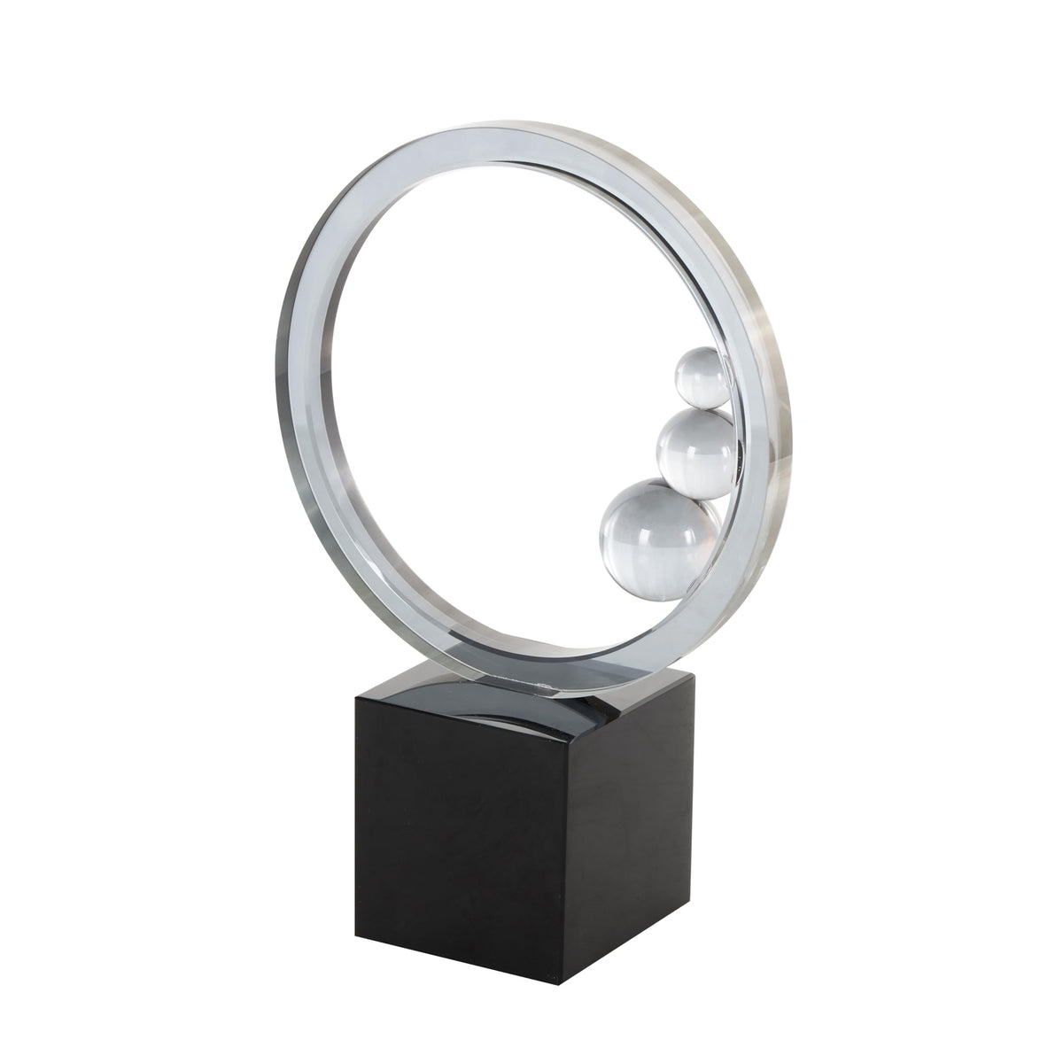 Deco 79 Glass Abstract Decorative Sculpture Ring Home Decor Statue with Clear Orbs and Black Square Base, Accent Figurine 7" x 3" x 10", Clear