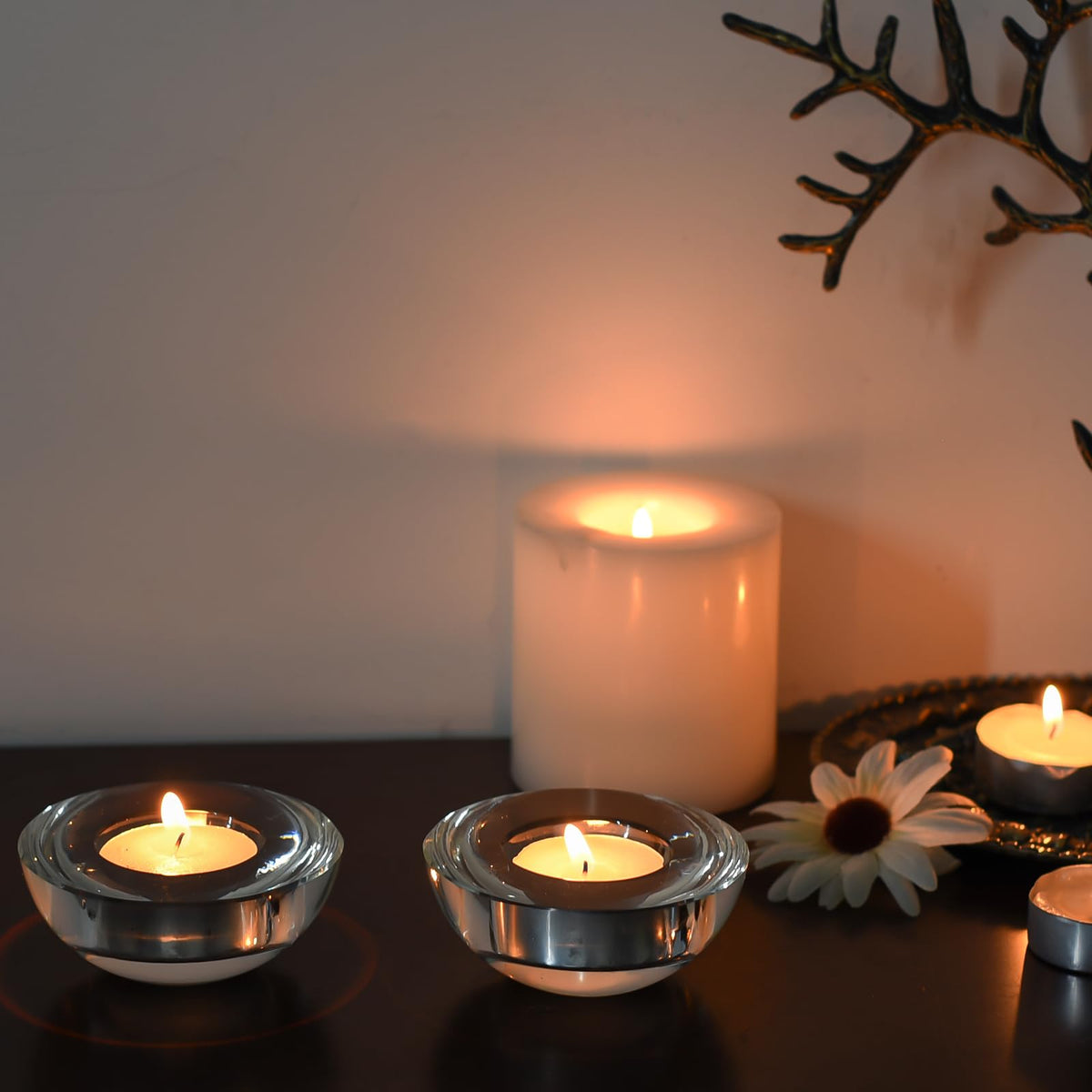 Kitcom Crystal Tealight Candle Holders for Tabletop Home Decor W2.8'' X H1.2'', Comes with Gifed Box(Pack of 2)