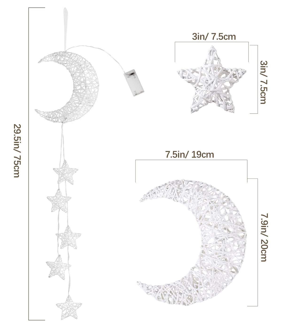 Lewondr Hanging Light,Rattan Moon Star Fairy Lights Indoor Decorative Lights Window Light Easy Operated Star Lights for Children's Room Bedroom Party Ramadan Decoration with Timer Fuction,White