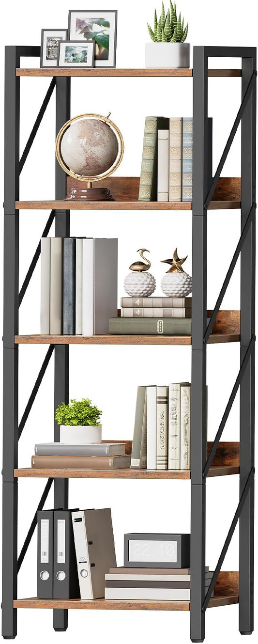 HOOBRO Bookshelf, 5-Tier Industrial Bookcase, Book Shelf Storage Organizer