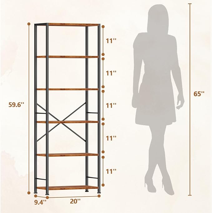Furologee 6 Tier Book Shelf, Tall Wide Bookshelf, Industrial Open Bookcase