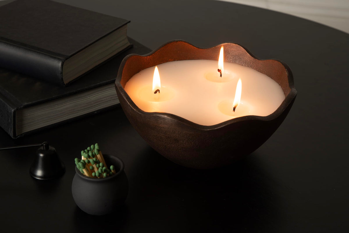 Kate and Laurel Alessia Scalloped Round Metal Candle Bowl, 8 Inch Diameter, Bronze, Modern Three-Wick Unscented Candle with Decorative Bowl for Living Room Decor