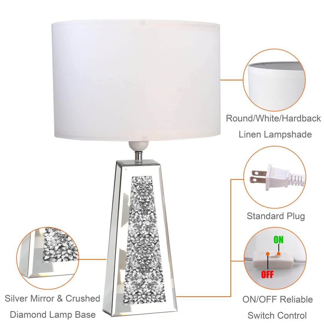 GOTHICO Silver Mirror Crushed Diamond LED Table Lamp, Four Prism Shaped Crystal Diamond Mirrored Base,White Round Linen Shade, 20.7" Height for Living Room Bedroom Office, Modern Art Decor,Set of 2