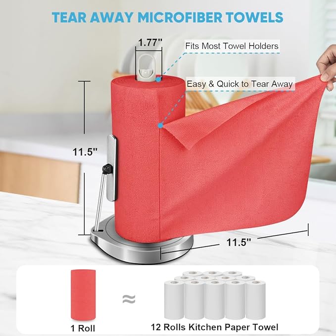 AIDEA Microfiber Cleaning Cloth Roll, 75PK Red, Reusable Paper Towels Tear Away