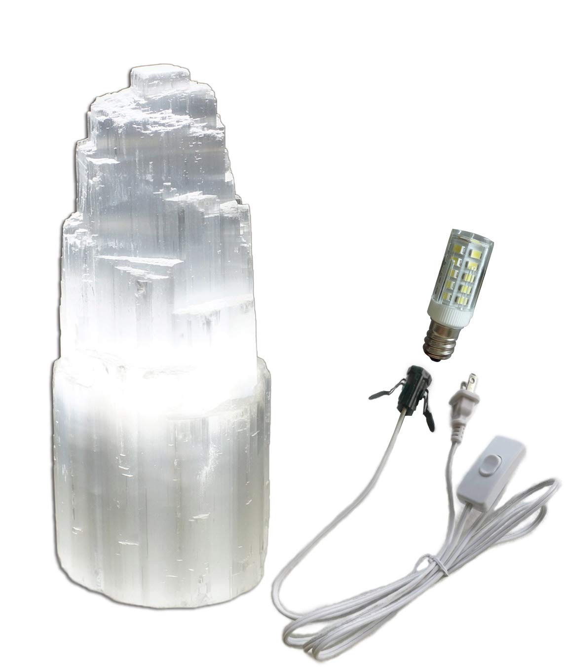 JIC Gem Natural Selenite Lamp 8" White Selenite Crystal Rock Tower Lamp with Switch Cord and LED Bulb