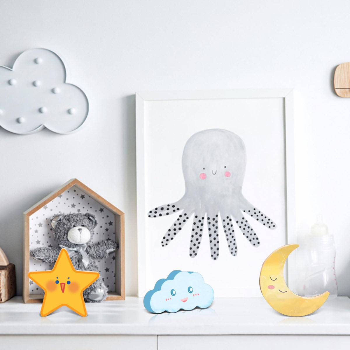 AWIZOM 12 Pcs Wooden Moon Star and Cloud Cutouts Unfinished Table Sign Blank Wood Blocks to Paint Pine Wood Table Centerpieces for DIY Crafts Back to School Boho Home Tiered Tray Decoration,3.94 Inch