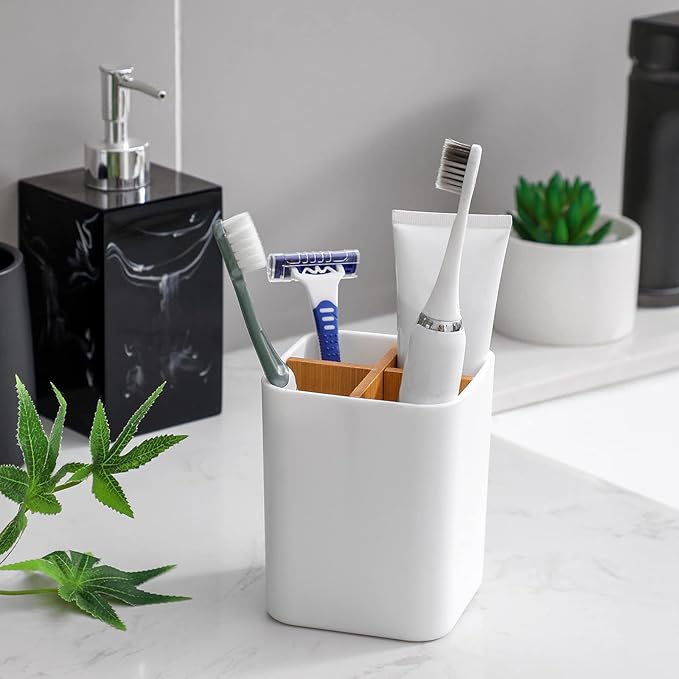 Bamboo Toothbrush Holder for Bathrooms, 4 Slots Toothbrush and Toothpaste