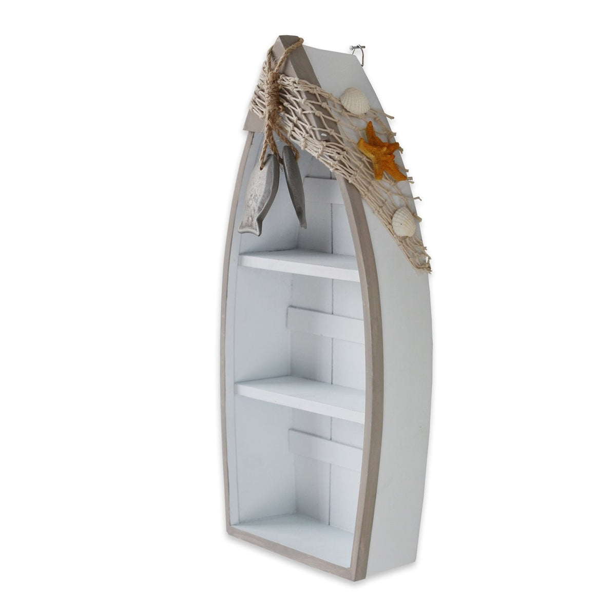 Attraction Design Wooden Boat Shelf, 16.5" H Standing Boat Display with Fish Net Starfish Seashell Accents White Beach Nautical Theme Decor H (Boat Shelf)