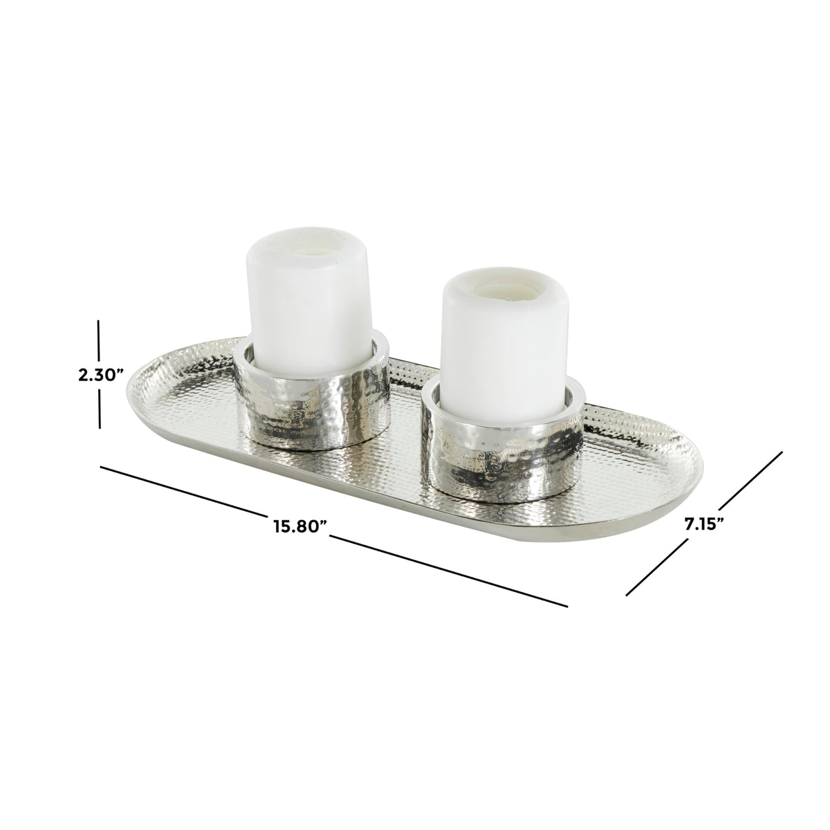 Deco 79 Stainless Steel Metal Decorative Candle Holder Hammered Candle Stand with Oval Tray Plate, Candlestick Holder 16" x 7" x 2", Silver