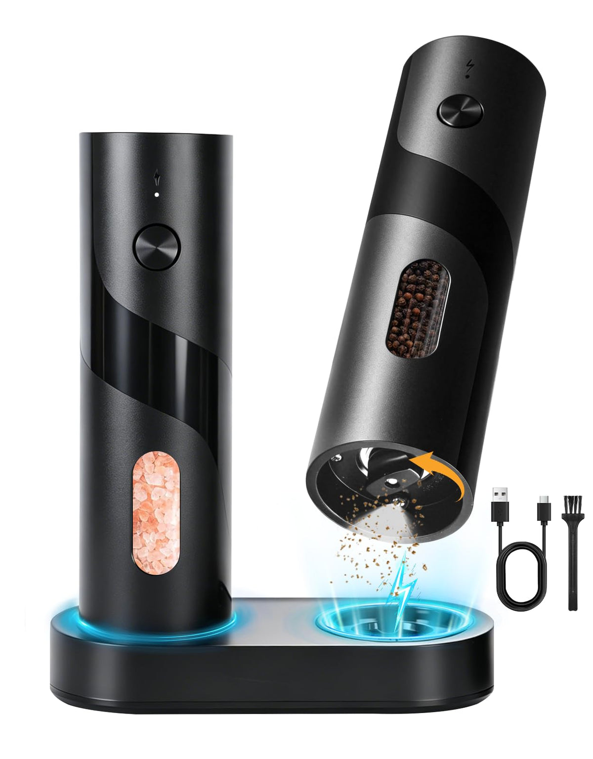 OUTONLIFE Electric Rechargeable Salt and Pepper Grinder Set, 110ml Large Capacity, USB-C with Charging Base, LED Light, Automatic Pepper Mills with Adjustable Coarseness, Ideal Gift for Kitchen, Home