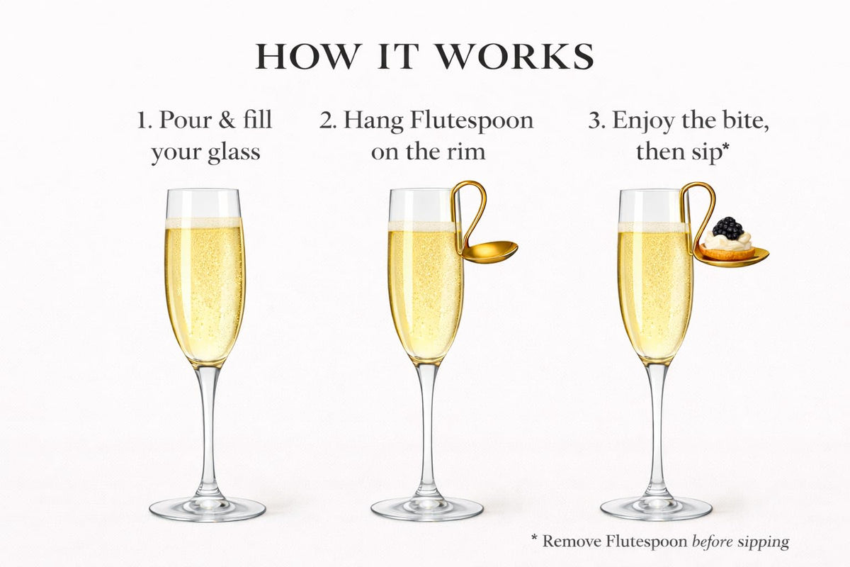 FluteSpoon™ Gold Appetizer Spoon for Champagne, Wine & Cocktails – Rim-Hanging Stainless Steel Serving Spoon – Set of 2