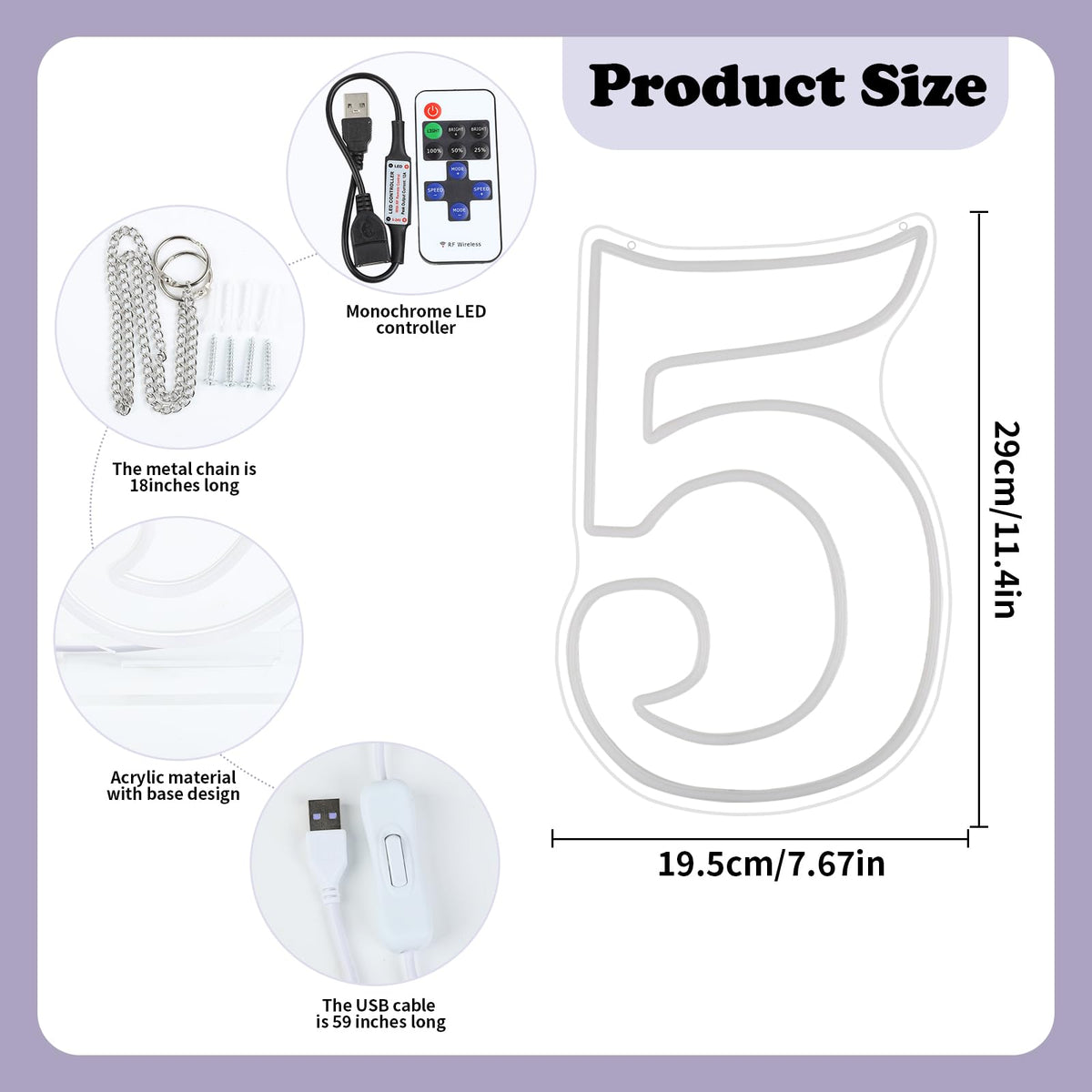 RUMONZS LED Acrylic Light up Number, Decorative Transparent Light up Letters USB Powered Big Number Sign Light for Birthday, Night Light, Party, Anniversary, Christmas, Home Decor, Wedding 11.4'' (number5)