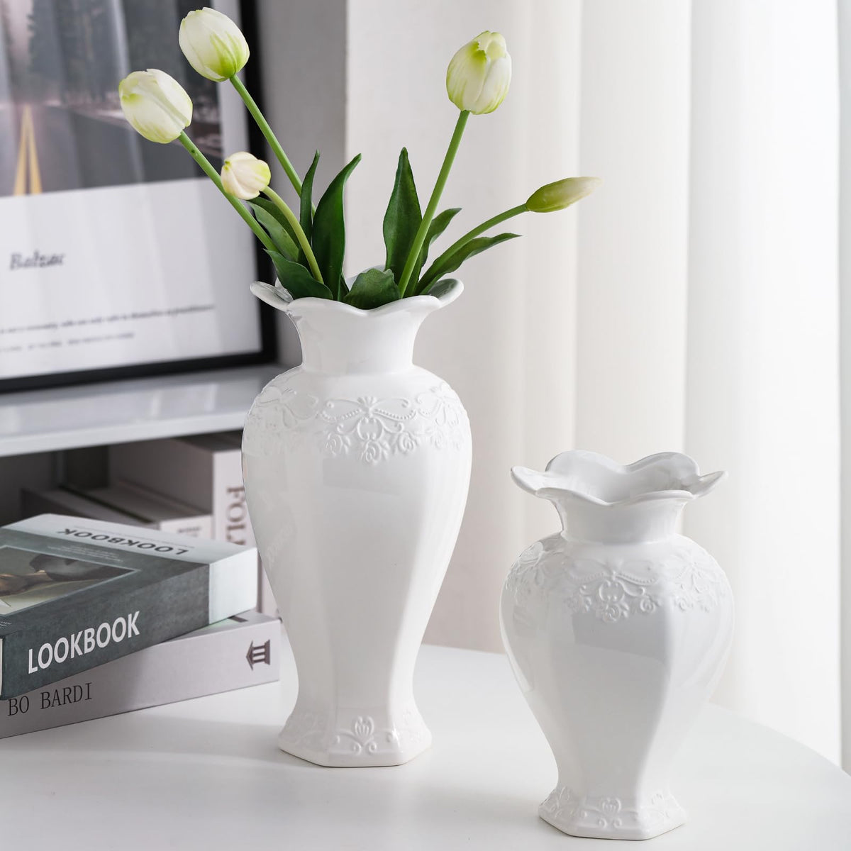 Seasonsplan Relievo Elegant White Cream 8in 11in Ceramic Flower Tall Aesthetic Beige Table Tulip Wide Mouth Rose Filler Decorative Rustic Vase Decor for Home (White Vase, L)