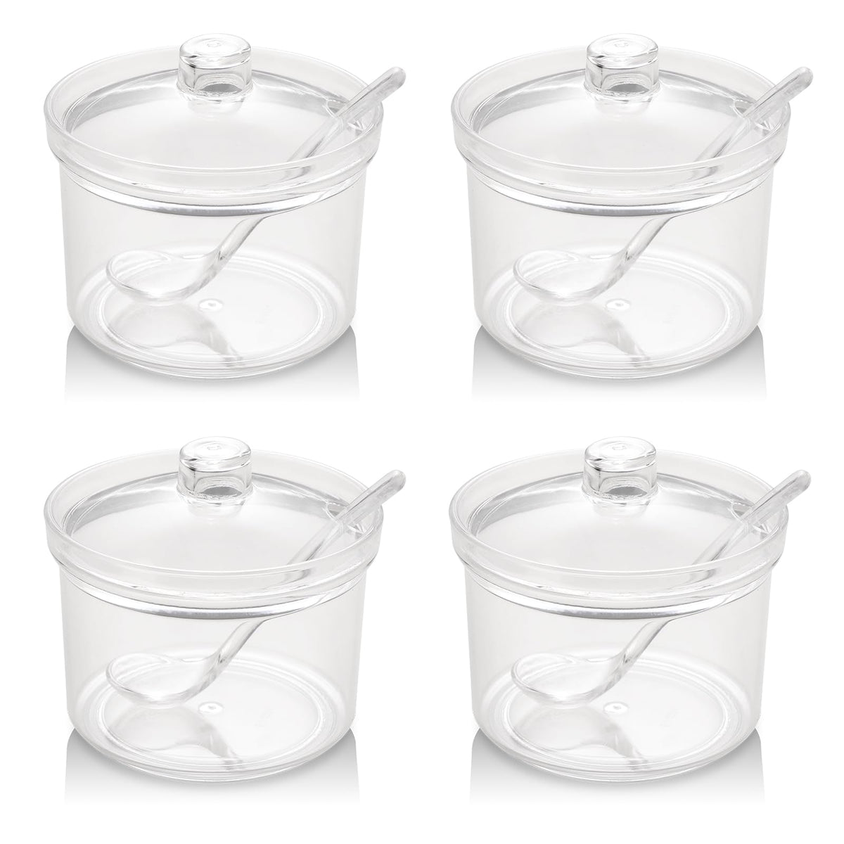 RAMFIYN Set of 4 Acrylic Sugar Bowl with Lid and Spoon, Clear Sugar Jar with Lid And Spoon, Cute Jars for Sugar, Salt, Tea, Condiment Server- 13oz