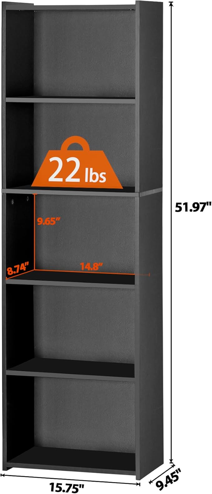 5 Tier Open Bookshelf, 52 Inch Bookcase Storage Rack