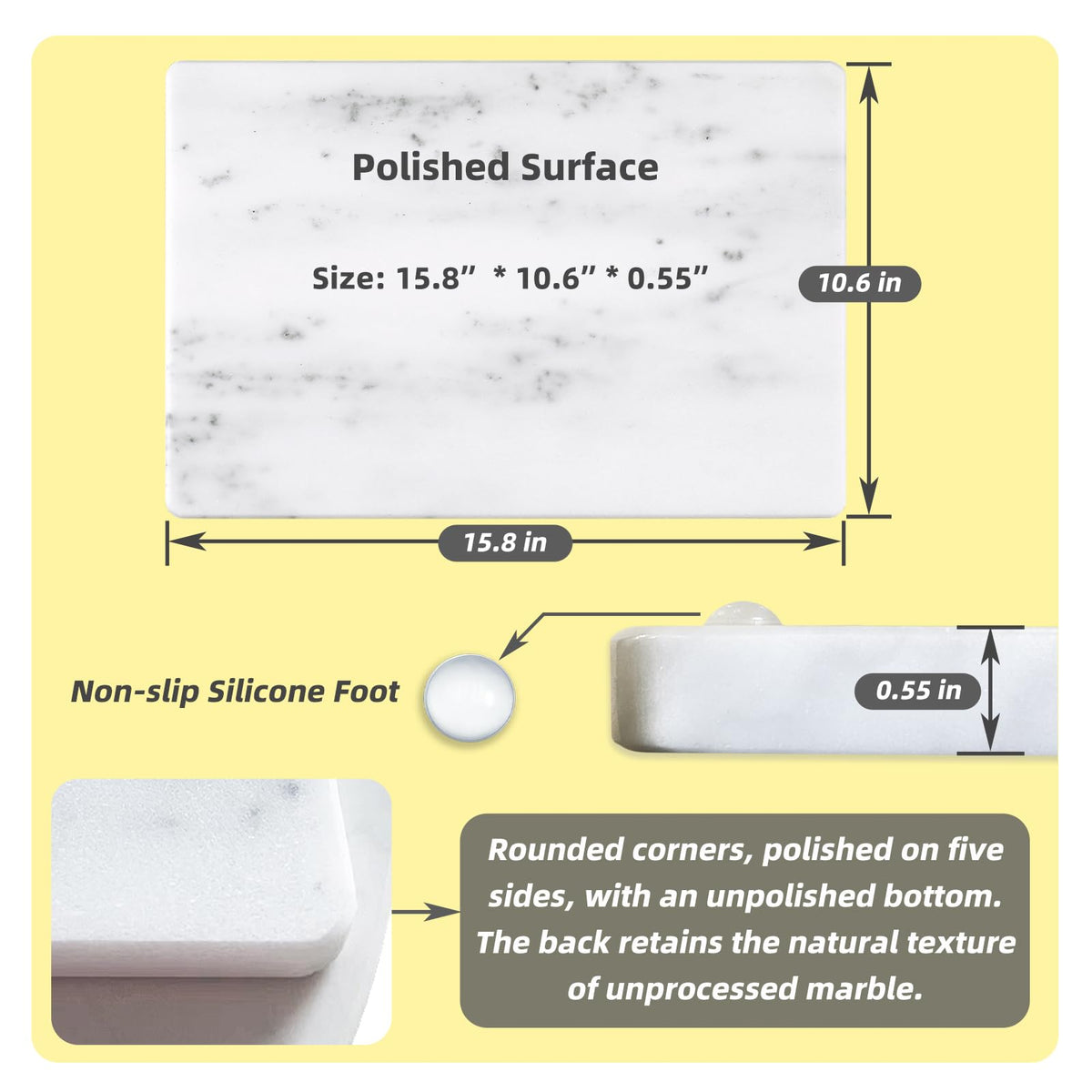 Yew & Tulip 16"x10" White Marble Board with Non-Slip Rubber Feet - Dough Pastry and Cutting Board